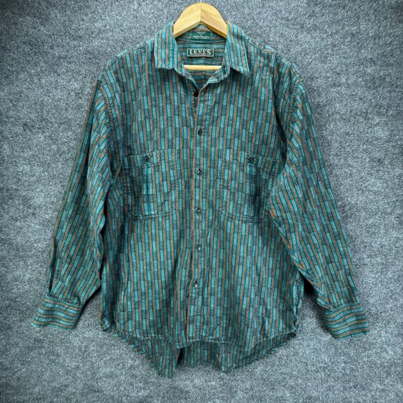 Vtg 90s Levis Sutter Creek Shirt Mens Large Teal Flannel Western Southwest Aztec - Picture 1 of 15
